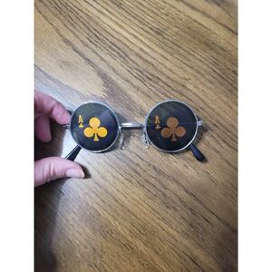 Vintage Round Ace of Clubs Sunglasses Silver Metal Frame Novelty Retro Shades